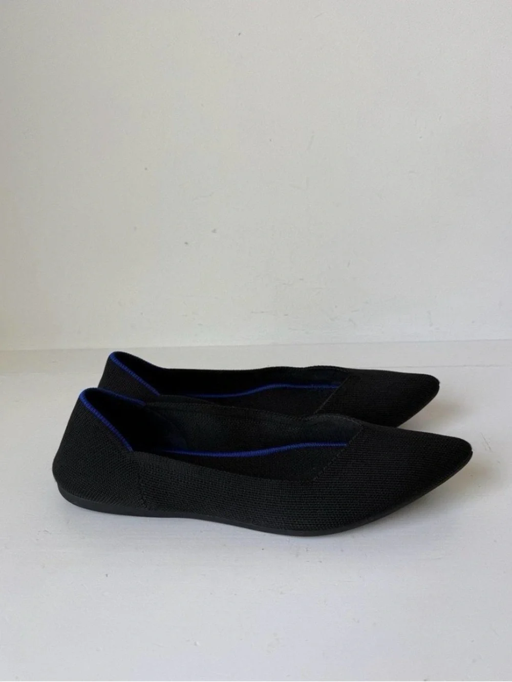 Rothy's Black Pointed Knit Flats with Blue Trim